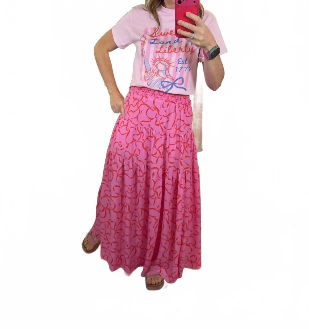 NEW ADRIENNE flirt & flow smocked maxi skirt in pink multi